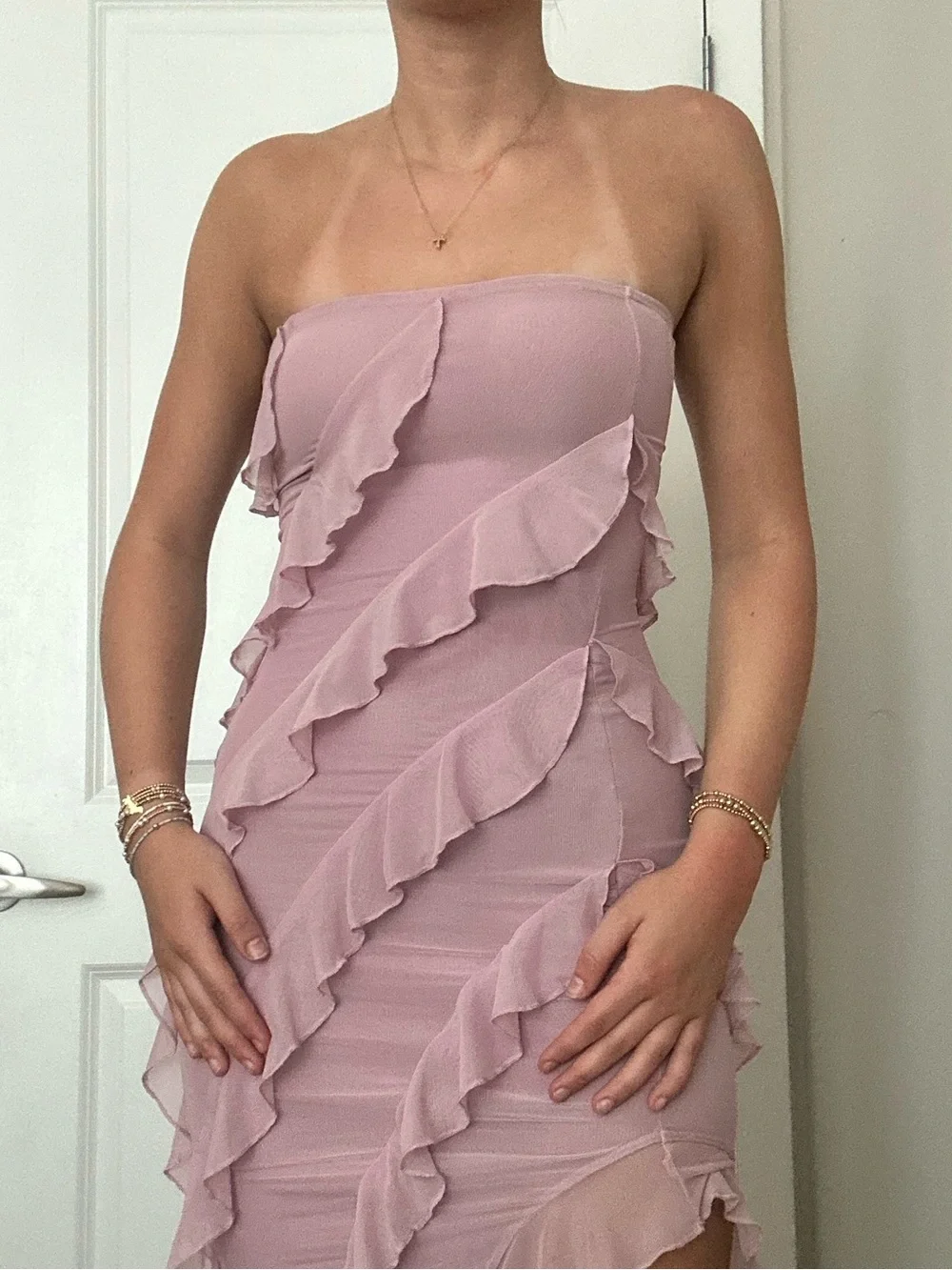 Oh Polly Strapless Ruffle Asymmetric Midi Dress - Dusty Pink - Picture 2 of 6